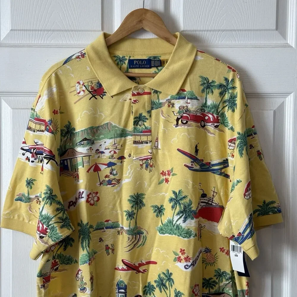Polo Ralph Lauren Aloha Hawaiian Print Polo Shirt Yellow 3XB NWT Big Tall